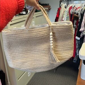 Beige Woven Tote Bag with Tassel